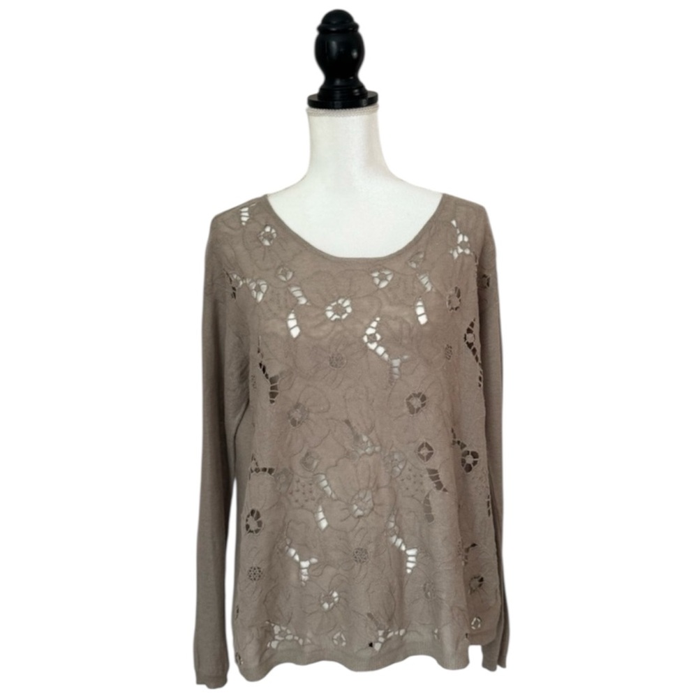 J. Jill Linen Blend Cutout Sweater Tan Floral Lightweight Boho Top Size Medium
